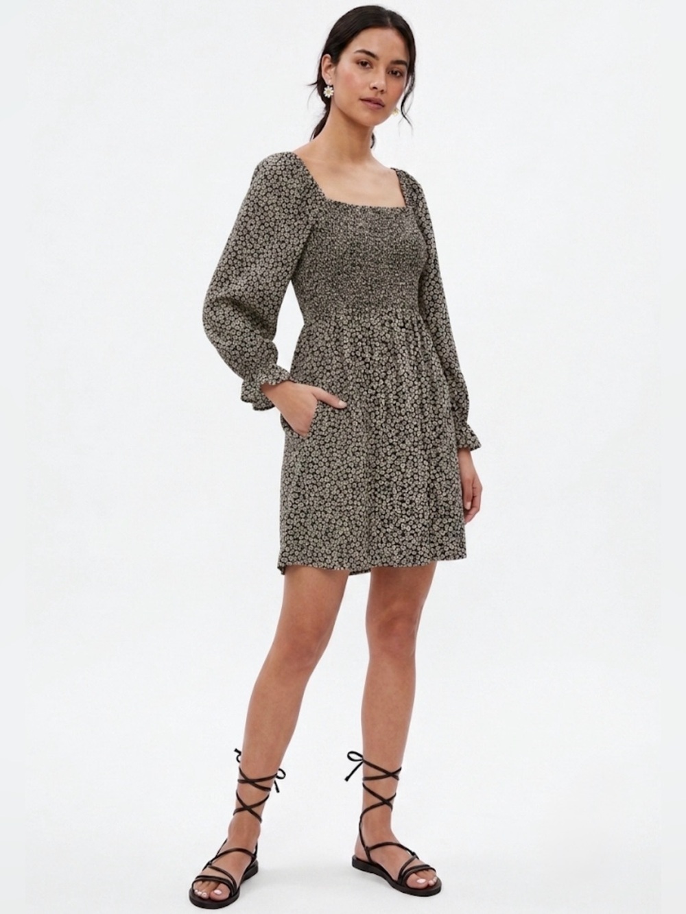 Madewell Black Floral Smocked Mini Dress Medium Cottagecore Puff Sleeve